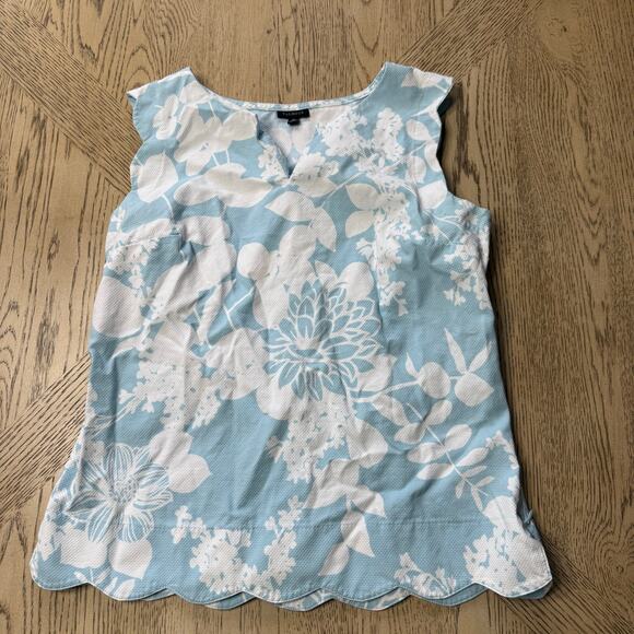 Talbots Tops - Talbots Floral Blue Scallop Hem Side Zipper Split V Neck Sleeveless Blouse Top M